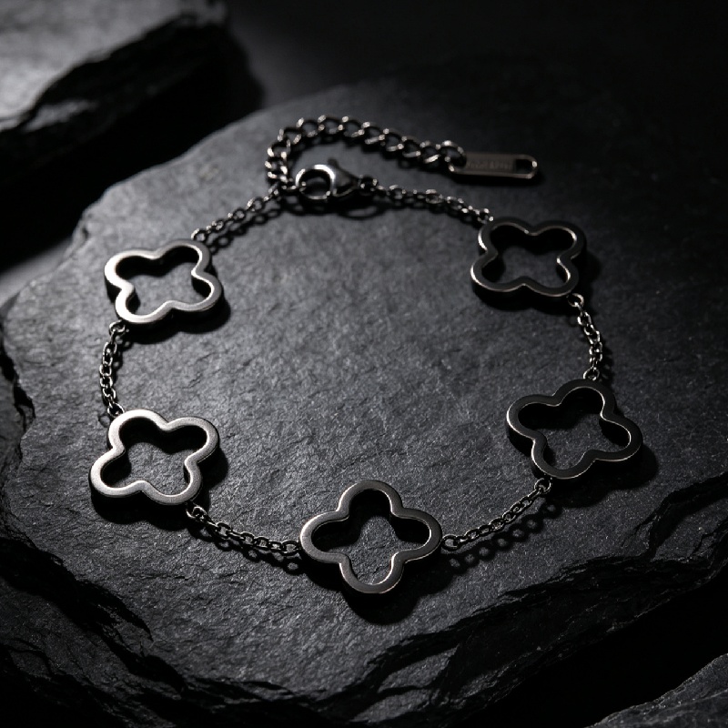 Gothic Dark Stainless Steel Hollow Four Leaf Flower Bracelet